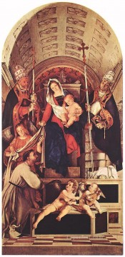 La Virgen y el Niño con Santos Domingo Gregorio y el Renacimiento urbano Lorenzo Lotto Pinturas al óleo